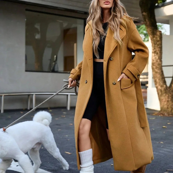 Khaki Casual Women's Oversized Double-Breasted Wool Coat - Picture 1 of 8